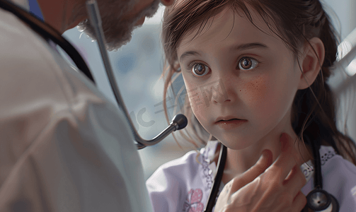 医生门诊摄影照片_医生给住院的小女孩使用听诊器特写