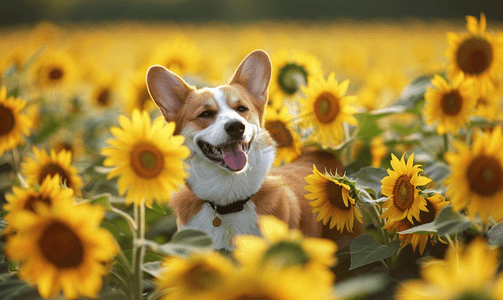 阳光背景蓝色摄影照片_柯基犬在黄色向日葵田里玩耍