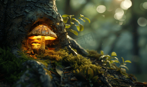 光点漂浮物摄影照片_森林中树根处有光点的花丝小蘑菇