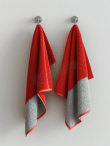 墙上挂着红色和灰色的毛巾