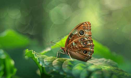 昆虫的眼睛摄影照片_叶子上的棕色蝴蝶