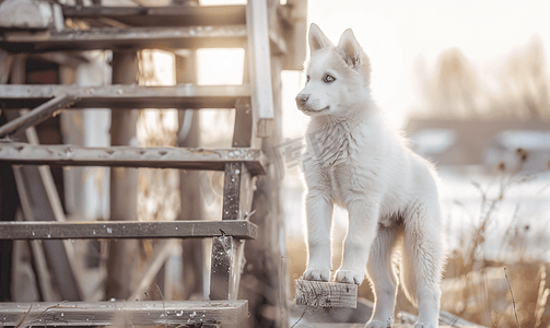 杂交狗摄影照片_珍贵的阿拉斯加雪橇犬幼崽站在木楼梯上