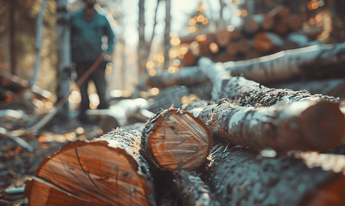 新鲜木材特写：林务员在后台工作时地面上的原木特写