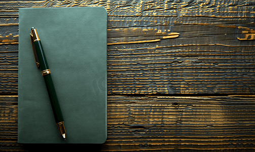 棕色木桌顶视图上带有毡尖笔的绿色记事本