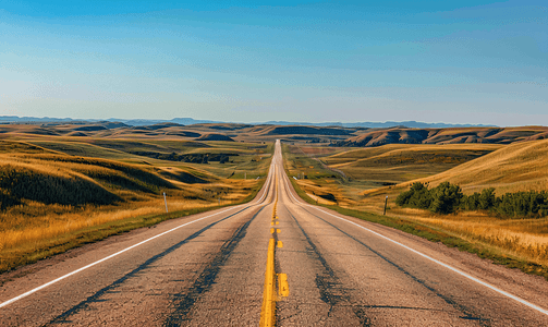 绿色高速公路摄影照片_北达科他州的高速公路和麦田
