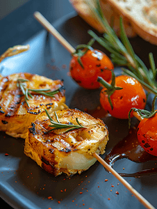 西班牙菜摄影照片_土豆煎蛋串配面包和番茄典型的西班牙食物水平图像