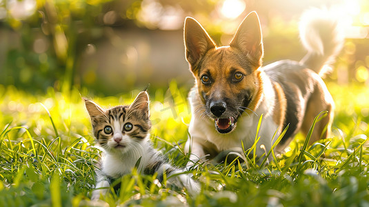 一只狗和一只猫在绿草上奔跑高清图片