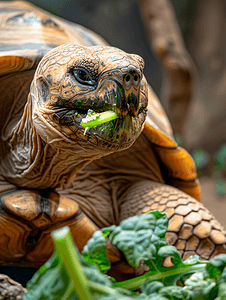 可爱卡通元素摄影照片_一只巨大的黄褐色乌龟正在吃蔬菜