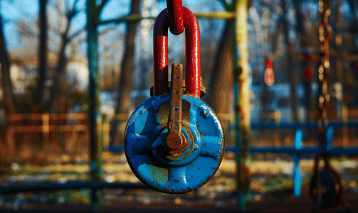 红色车轮摄影照片_公园里的铁制蓝红色玩具滑轮