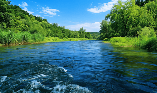 千库绿色摄影照片_河流景观蓝色深水与湍急的水流另一海岸的绿色灌木丛