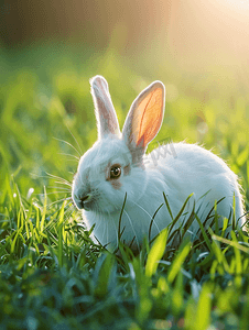 绿色生态环保摄影照片_绿色草地上的白色毛茸茸的兔子复活节兔子绿色草地上的小美丽野兔