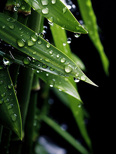 夏天竹子树叶上的雨水摄影配图