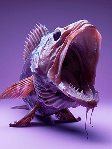 一条来自小工具的露齿智能鱼在紫色背景下吞噬时间