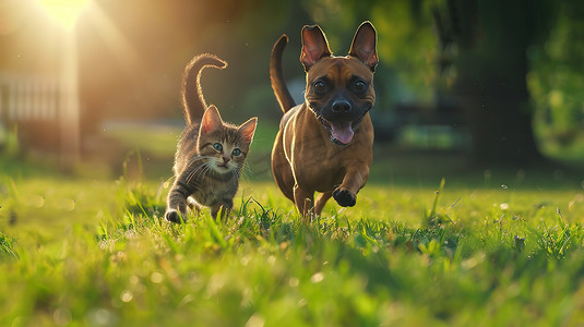 公园草地上小狗和猫咪高清摄影图