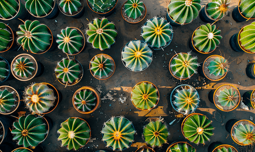 仙人掌种植园大群盆栽仙人掌的顶视图