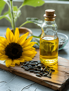 金色瓶子摄影照片_瓶中的葵花籽油和桌上的花有机产品