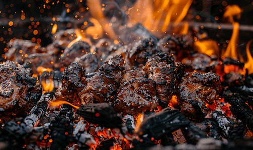 用火和煤炸肉的特写