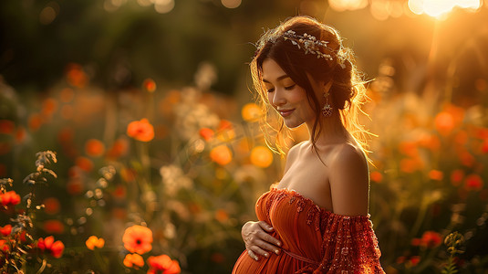 唯美的孕妇照花朵阳光图片