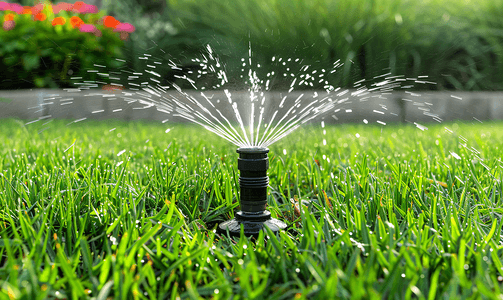 树苗浇水长大摄影照片_花园里的洒水器给草坪浇水自动浇水草坪
