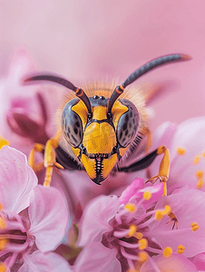 黄蜂摄影照片_欧洲大黄蜂近距离坐在粉红色的花上
