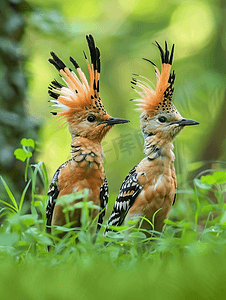 两只戴胜鸟坐在绿草上特写