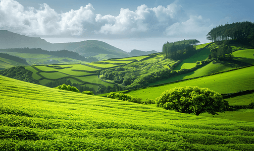 情节摄影照片_亚速尔群岛美丽的绿草如茵的田野和连绵起伏的丘陵
