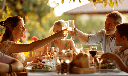 多代家庭在一起吃饭时互相敬酒并微笑
