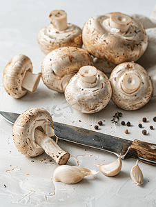 生蘑菇配百里香、新鲜大蒜、洋葱和老式刀