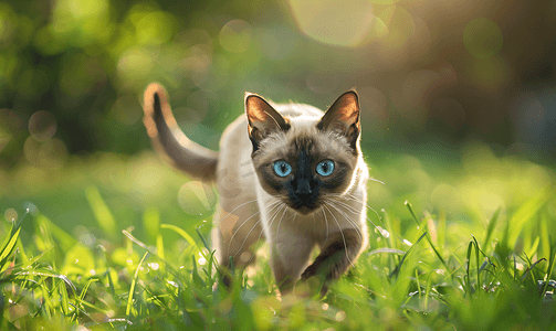 美丽的暹罗小猫穿过绿草