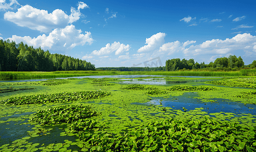 夏日景观大沼泽点缀着绿色浮萍和沼泽植被