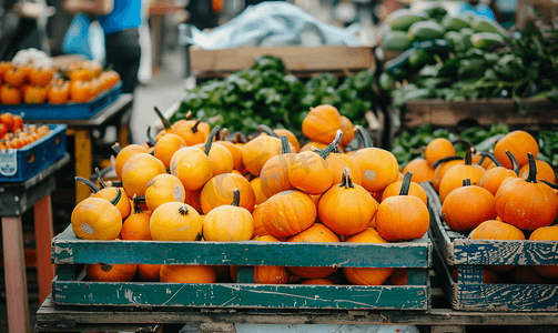 秋季女装摄影照片_橙色南瓜在户外农贸市场上