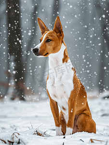 海森摄影照片_公园里巴辛吉犬的肖像冬日寒冷的一天雪花飘落