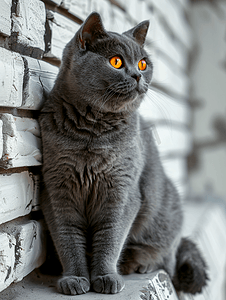 室内蓝色背景摄影照片_米色砖墙背景上橙色眼睛的灰色英国猫