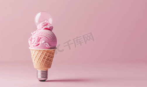 粉红色背景中华夫饼杯中的灯泡冰淇淋