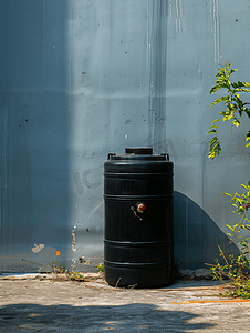 容器的水摄影照片_一个大的黑色塑料水箱倒置在靠近墙壁的地方