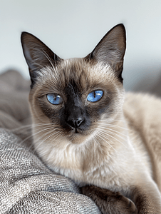 淡绿色卷轴摄影照片_一只友善的暹罗猫有着漂亮的淡蓝色眼睛