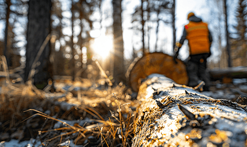 工作地点摄影照片_新鲜木材特写：林务员在后台工作时地面上的原木特写