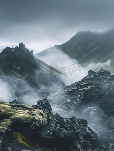 马赛克格字摄影照片_冰岛不真实的火山景观格拉博克火山上有热气腾腾的岩石