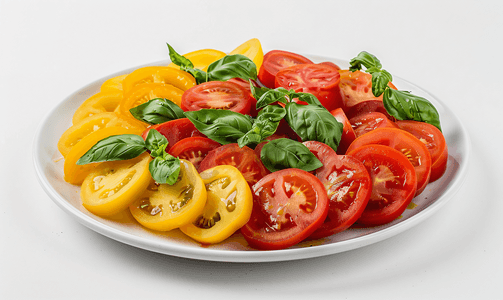 桌上盘子里放着黄色和红色西红柿配罗勒叶的新鲜沙拉