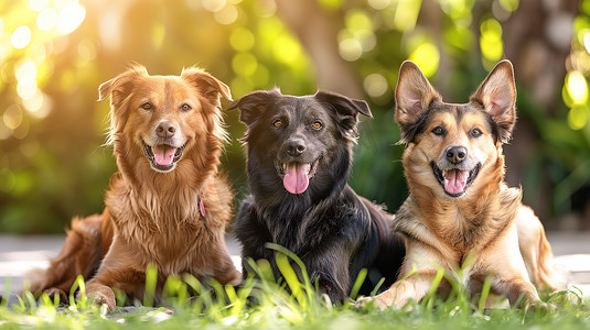 三条竖线摄影照片_三条狗坐在阳光明媚的花园里摄影配图