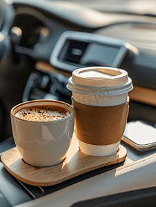 在车上用手机喝咖啡