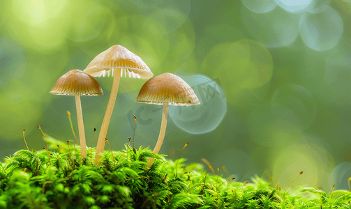 发光苔藓摄影照片_森林苔藓上两个花丝小蘑菇光斑森林地面