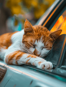 当地的猫睡在车上