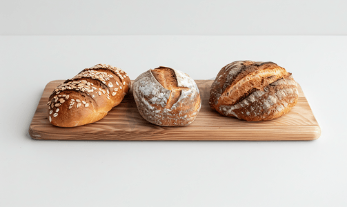 美食包子摄影照片_白色背景木板上不同的新鲜面包