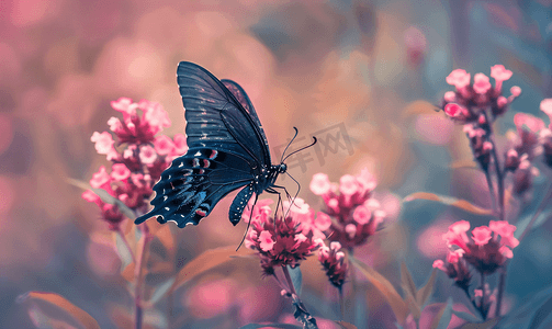 一只黑蝴蝶停在野田里的粉色花朵上