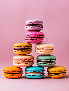 色彩缤纷的法国通心粉饼干排列在背景的金字塔中