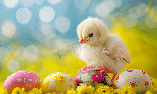 黄色彩绘背景摄影照片_复活节小鸡和彩绘鸡蛋