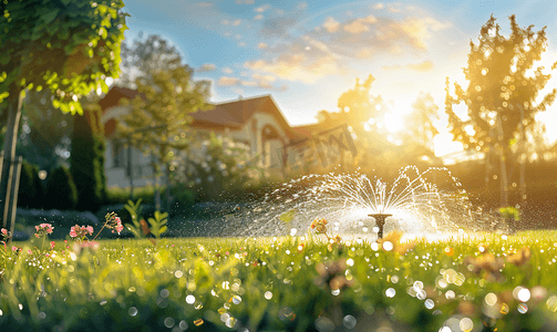 草坪浇水摄影照片_花园里的洒水器给草坪浇水自动浇水草坪