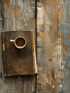 木制背景色调图像上的旧书和一杯咖啡
