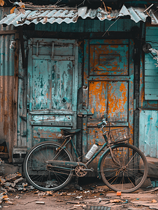 自行车复古摄影照片_靠在旧棚子上的旧自行车